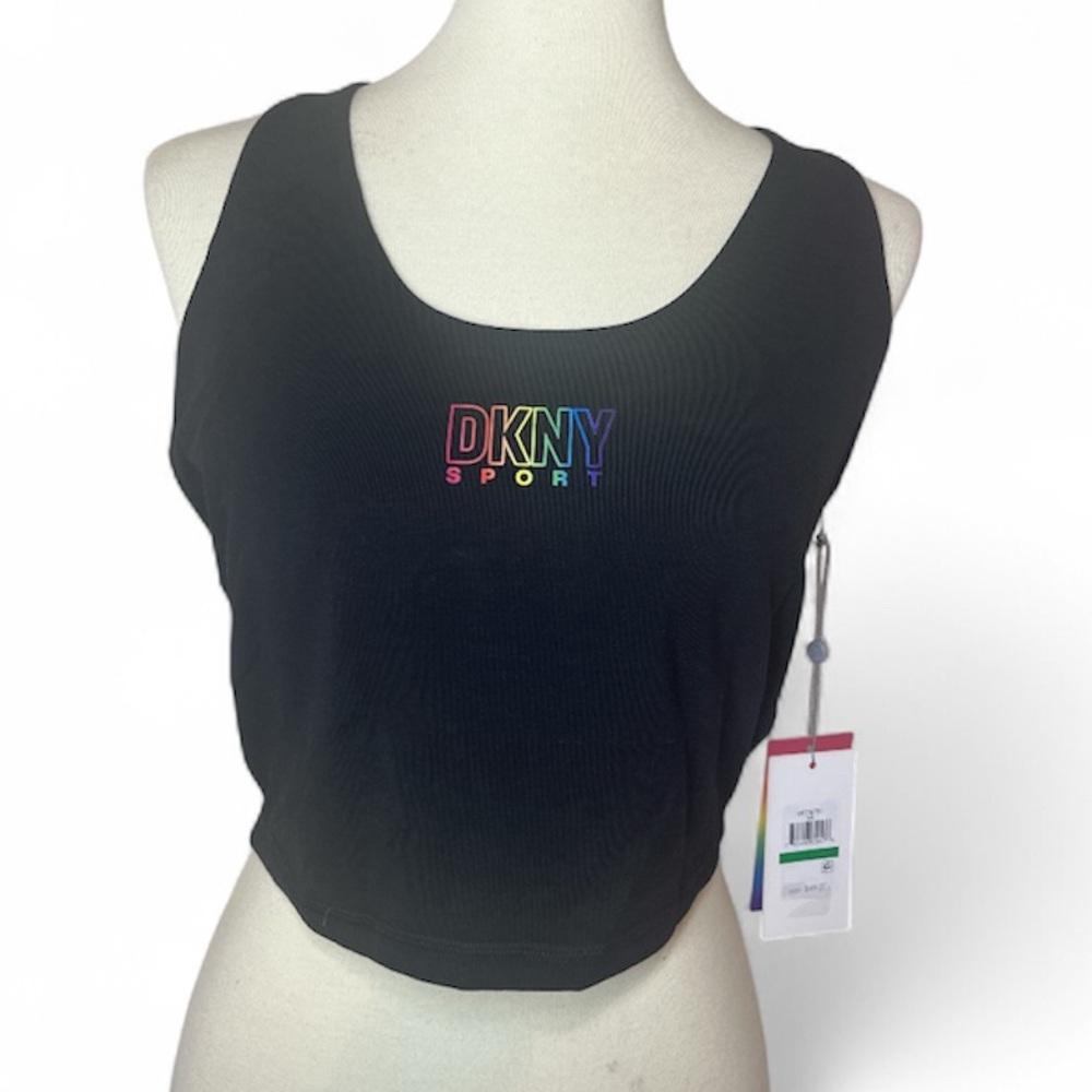 NWT DKNY SPORT Multicolor Logo Black Tank Top with Built in Sports Bra